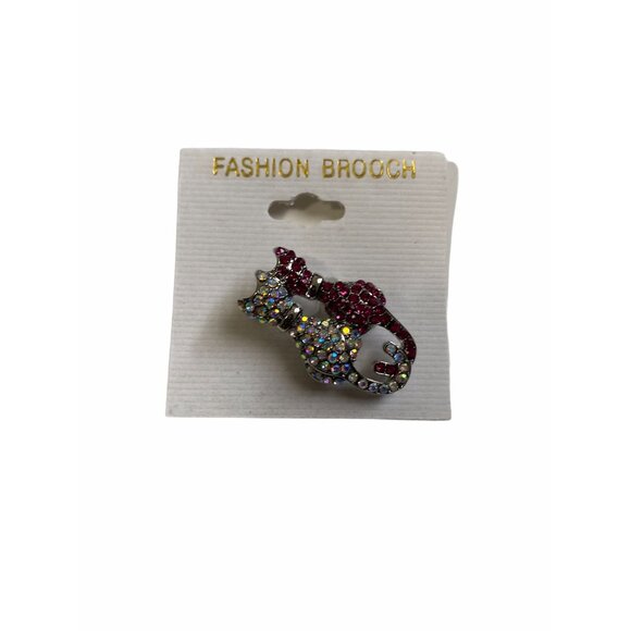 Two Kitty Cats Fashion Brooch Pin With Pink & AB Crystals Sliver Plated - Picture 1 of 5